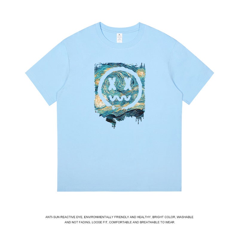 220G Heavyweight American-Style Pure Cotton Short-Sleeve T-Shirt For Men, Niche Design With Printed Patterns, Summer Trendy Brand Couple Wear, Artistic - Image 3