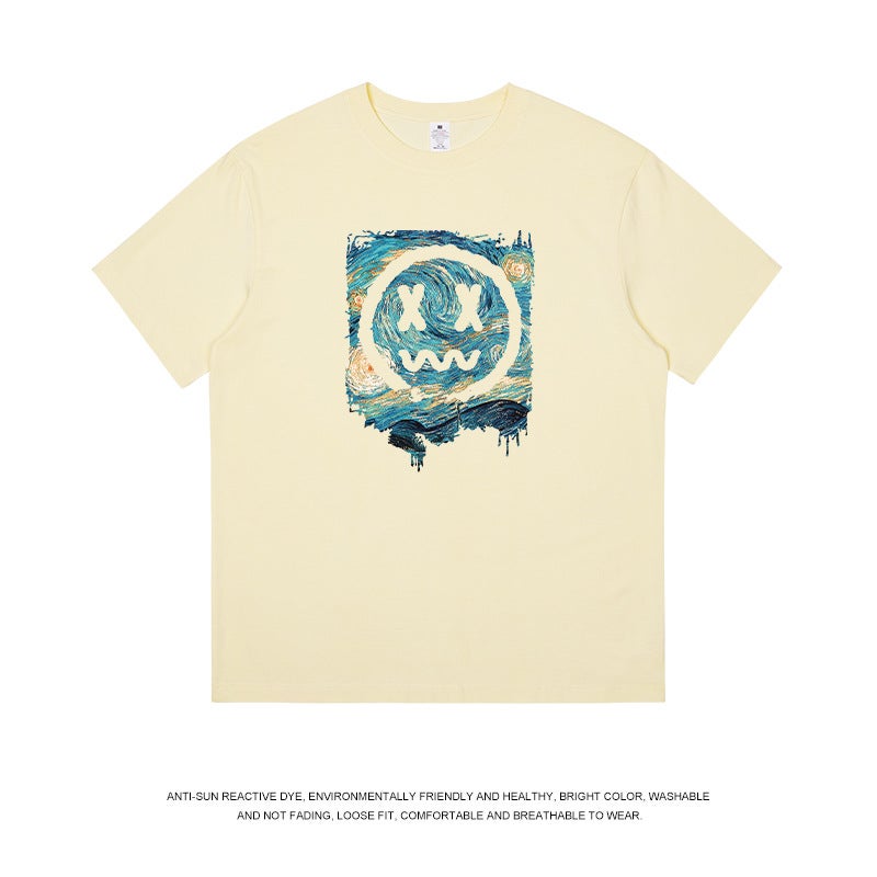220G Heavyweight American-Style Pure Cotton Short-Sleeve T-Shirt For Men, Niche Design With Printed Patterns, Summer Trendy Brand Couple Wear, Artistic - Image 1