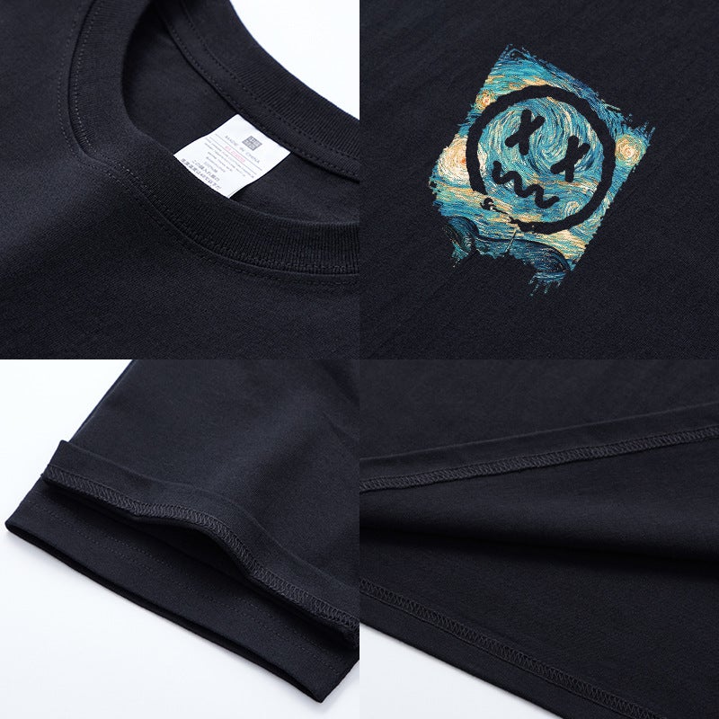 220G Heavyweight American-Style Pure Cotton Short-Sleeve T-Shirt For Men, Niche Design With Printed Patterns, Summer Trendy Brand Couple Wear, Artistic - Image 5