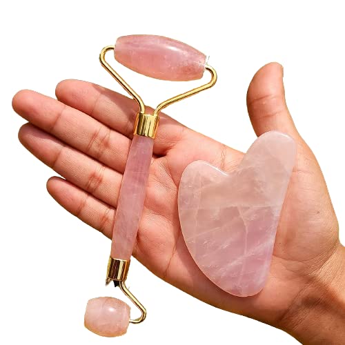 Pink Rose Quartz Roller And Guasha Set Jade Roller Facial Massager For Face Massager AntiAging Tool To Reduce Wrinkles Fine Lines For Face Eye Neck Body For Unisex By AGATE HUB - Image 1