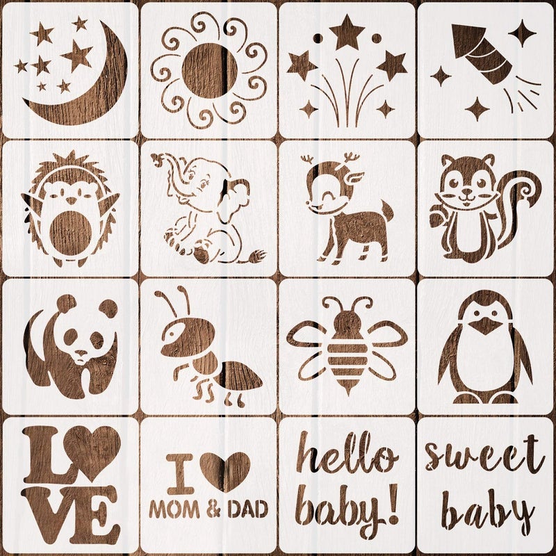 Coocamo 16 Pack Stencils for Baby Shower Cute Onesie Stencil Kit for Fabric Paint Baby Shower Stencils for Painting Bodysuit 