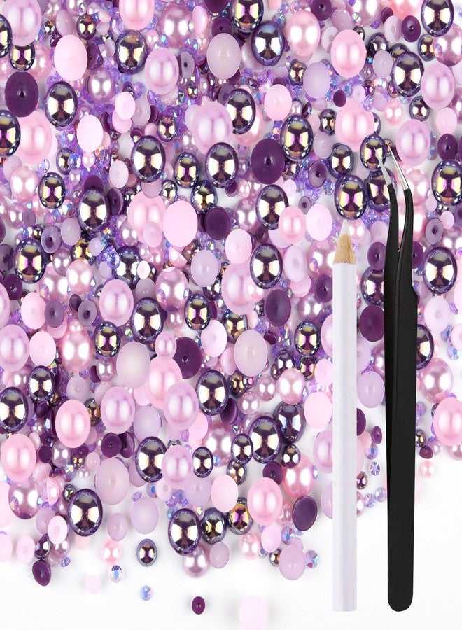 ASTARON 50g Mix Flatback Rhinestones Half Pearls for Crafts Mixed Size 3mm-10mm Flat Back Rhinestones for Crafts Flatback Pearls for Decorating Tumblers Mugs Nail Art Shoes (Purple Pink Series) - Image 1