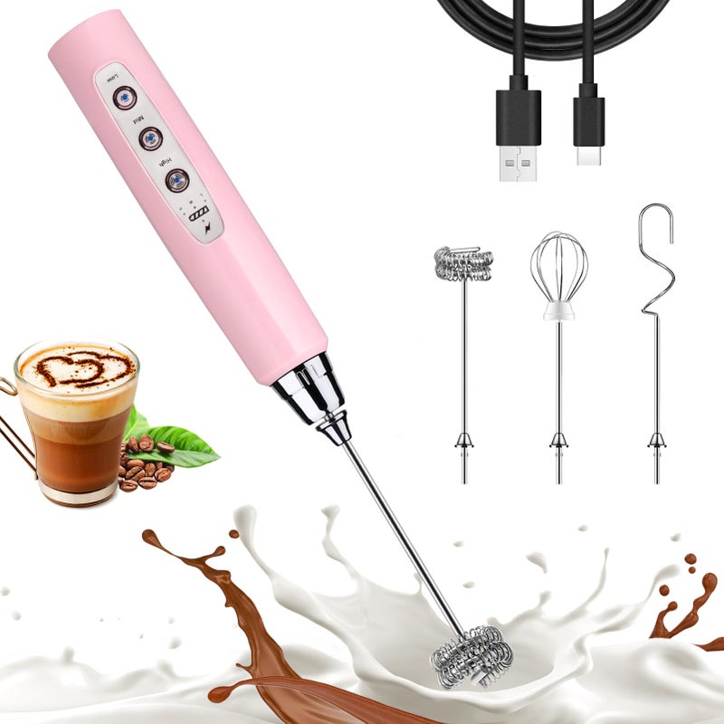 Nahida Pink Milk Frother Wand for Coffee Frother Handheld Rechargeable Electric Whisk with 3 Heads 3 Speeds Drink Mixer Coffee Frother Foam Maker For Latte Cappuccino Hot Chocolate Egg