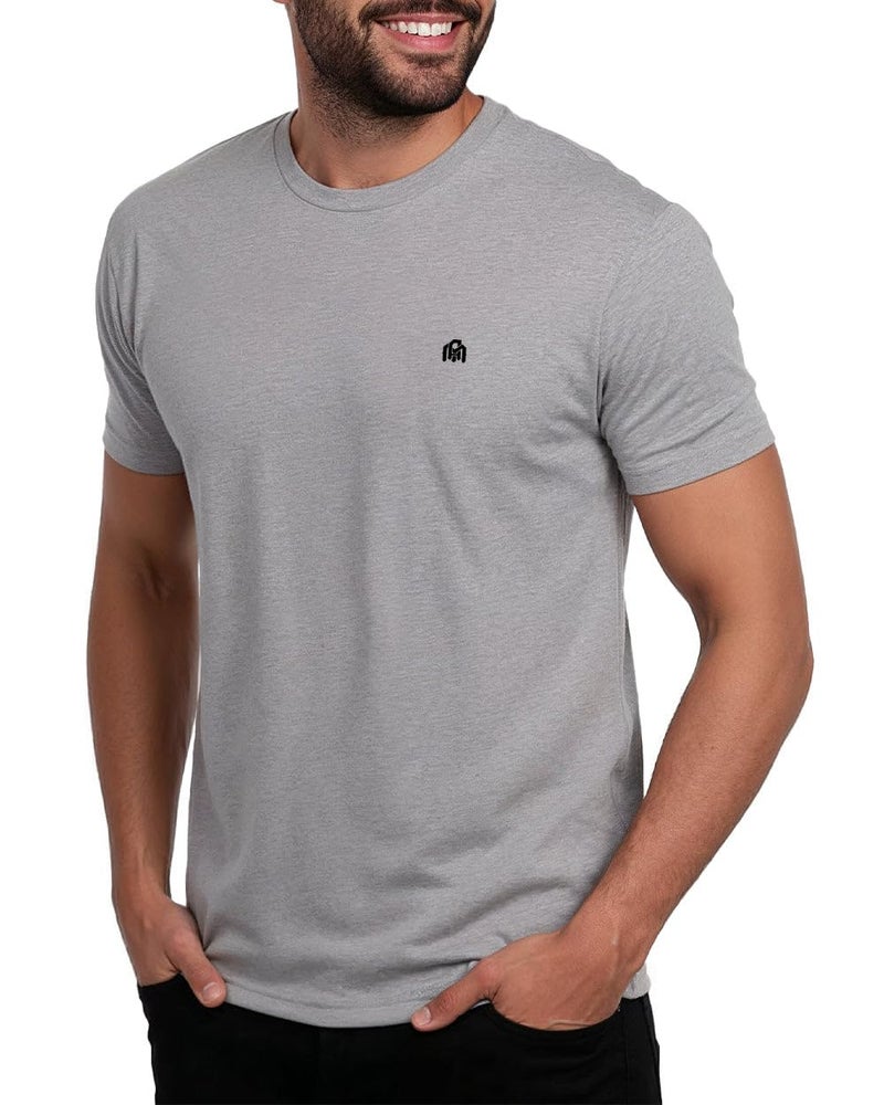 INTO THE AM Men's Logo Basic Tees - Fitted Essential Crewneck Blank T-Shirts Casual Gym Classic Short Sleeve True Fit Fashion Undershirts Tshirts for Guys (Grey Heather, Medium)