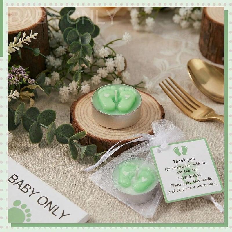 Treela 20 Sets Baby Shower Party Favors Green Tea Lights Candles with Organza Bag for Guests Cute Feet Shaped Burning Thank You Tags Return Gifts Keepsakes for Baby Shower Gender Reveal Party - Image 4
