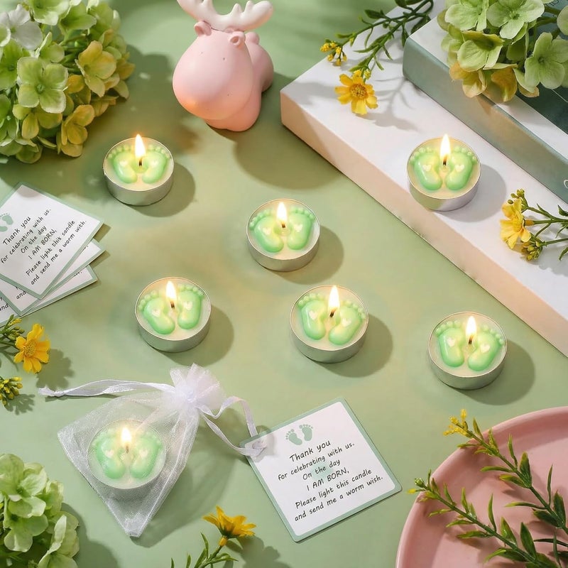 Treela 20 Sets Baby Shower Party Favors Green Tea Lights Candles with Organza Bag for Guests Cute Feet Shaped Burning Thank You Tags Return Gifts Keepsakes for Baby Shower Gender Reveal Party - Image 3