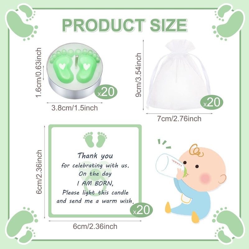 Treela 20 Sets Baby Shower Party Favors Green Tea Lights Candles with Organza Bag for Guests Cute Feet Shaped Burning Thank You Tags Return Gifts Keepsakes for Baby Shower Gender Reveal Party - Image 2