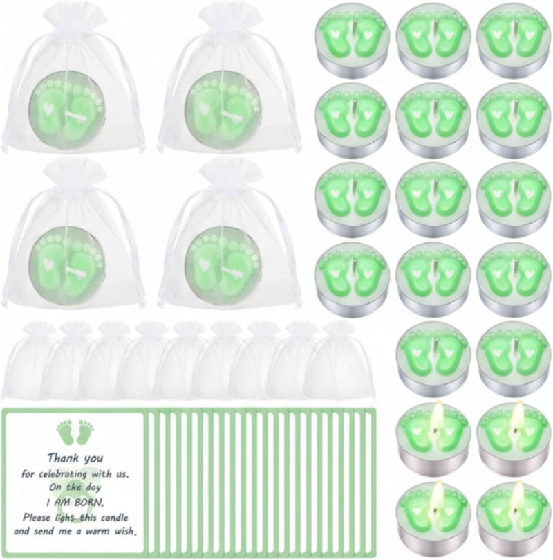 Treela 20 Sets Baby Shower Party Favors Green Tea Lights Candles with Organza Bag for Guests Cute Feet Shaped Burning Thank You Tags Return Gifts Keepsakes for Baby Shower Gender Reveal Party - Image 1