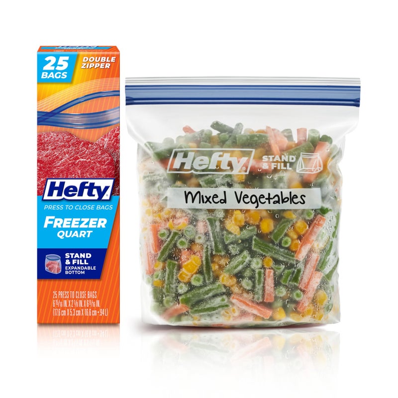 Hefty Press to Close Plastic Freezer Bags, Quart Size, 25 Count - Image 1