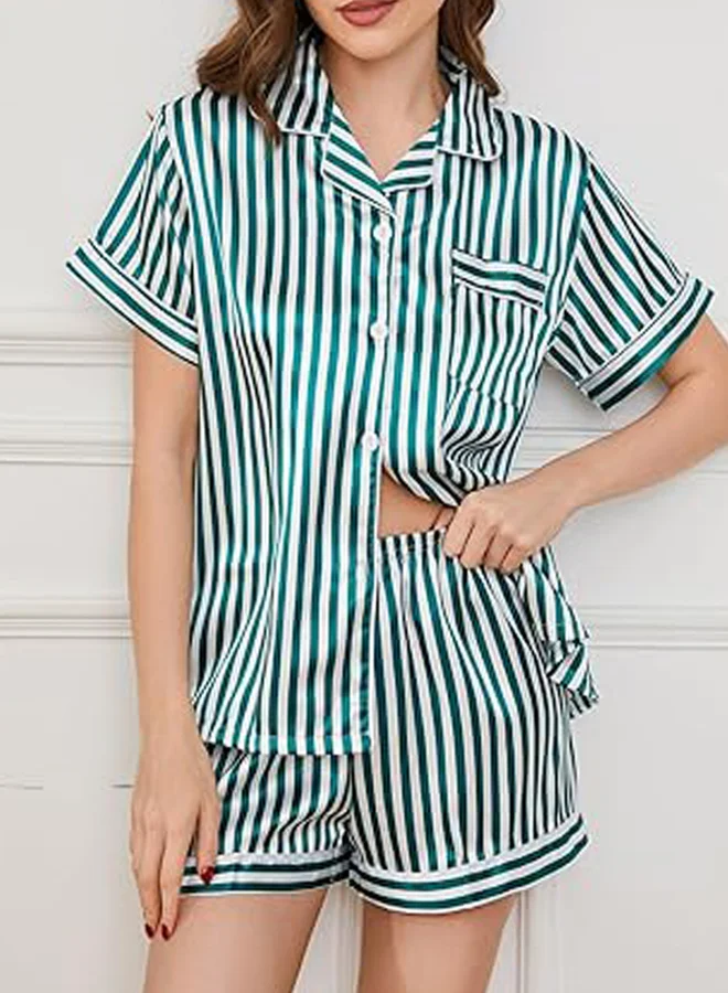 Take Two  Green Striped Buttoned Shirt and Shorts Set for Women | Best Price UAE