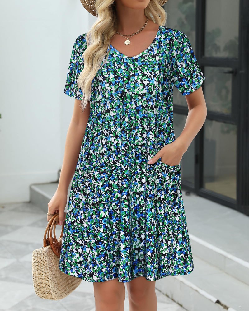 CHICGAL Summer Dresses for Women V Neck Short Sleeve Casual Loose T Shirt Sundress Beach Cover Ups with Pockets(Blue Green Floral, L) - Image 3