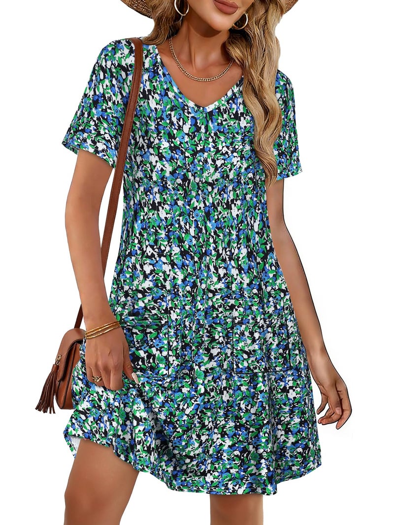 CHICGAL Summer Dresses for Women V Neck Short Sleeve Casual Loose T Shirt Sundress Beach Cover Ups with Pockets(Blue Green Floral, L) - Image 1