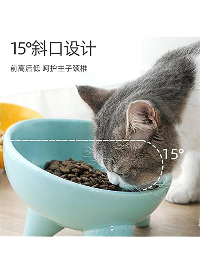 Pet Ceramic high Bowl Slanting Mouth cat Bowl Anti Black Chin cat Food Bowl cat Drinking Bowl Anti Spill Dog Bowl Supplies-Sky Blue  - Image 3
