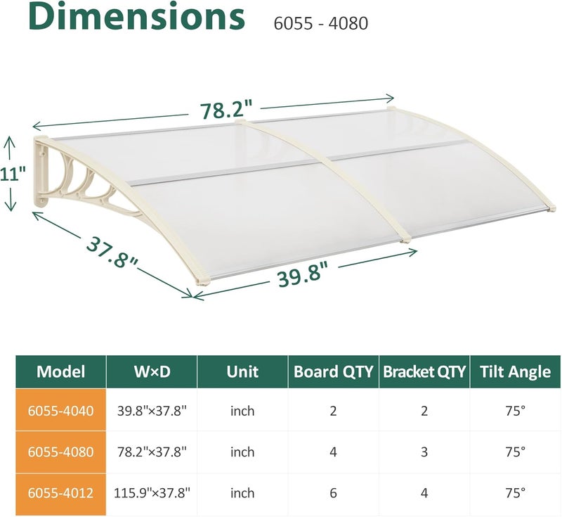 MCombo 78.2 inch Window Awning Outdoor Polycarbonate Hollow Sheet Door Patio Canopy (40''x80'', White Panels with White Bracket) - Image 4