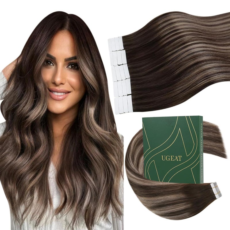 Ugeat Tape in Hair Extensions Human Hair Balayage Seamless Tape in Hair Extensions Dark Brown Mix Ash Brown Ombre Real Hair Tape in Extensions Remy Human Hair Straight 18 inch 50G 20Pcs