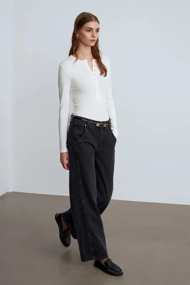 Dilvin Dusty White DILVIN Ribbed Crew Neck Button Blouse for Women | Best Price UAE