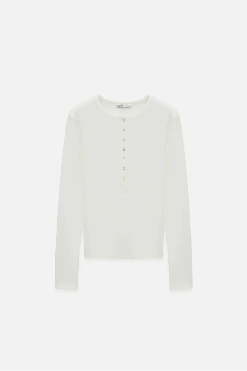 Dilvin Dusty White DILVIN Ribbed Crew Neck Button Blouse for Women | Best Price UAE