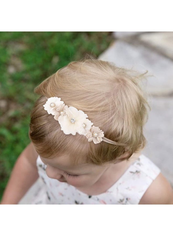 cherrboll 4pcs Baby Girl Headbands Flowers, Super Soft & Stretchy Nylon Floral Hairbands for Newborn Toddler, 3pcs Strips-ivory, Small - Image 3