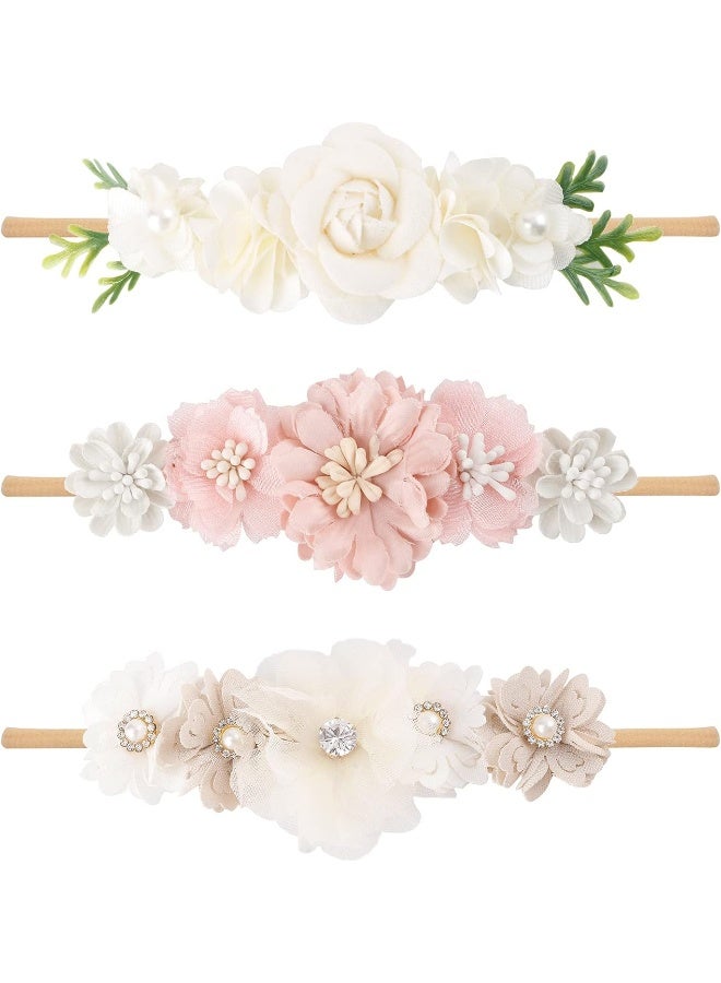 cherrboll 4pcs Baby Girl Headbands Flowers, Super Soft & Stretchy Nylon Floral Hairbands for Newborn Toddler, 3pcs Strips-ivory, Small - Image 1