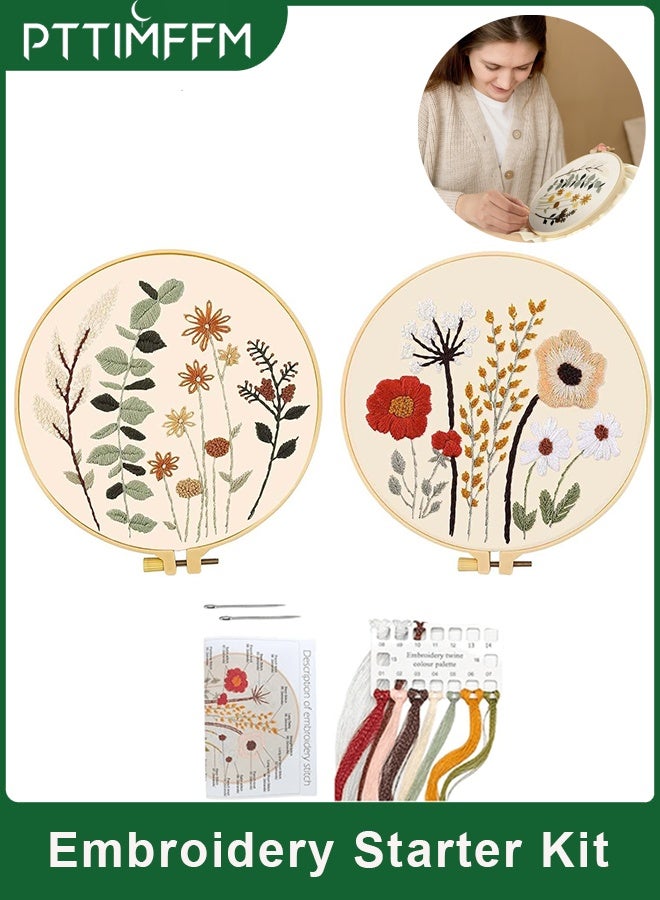 PTTIMFFM 2 Pack Beginner Embroidery Starter Kit, Pre-Printed Floral & Plant Cross Stitch Sets with Hoops, Color Threads, Needles for Adults & Kids - Image 1