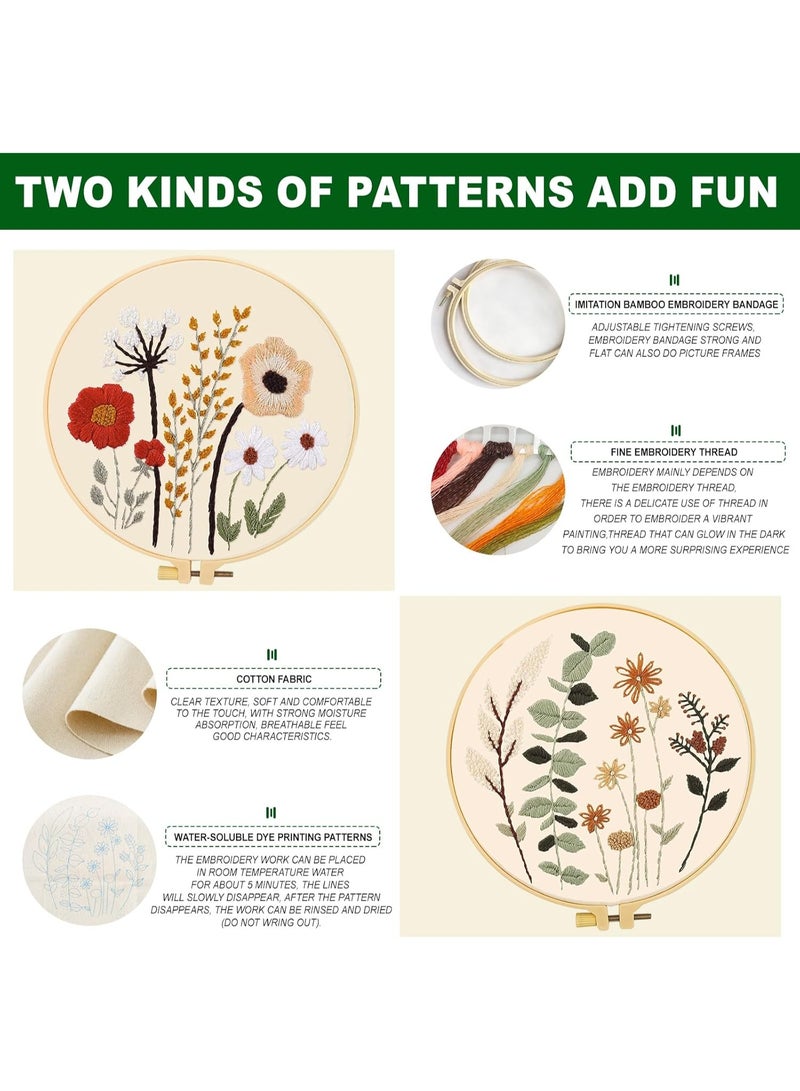PTTIMFFM 2 Pack Beginner Embroidery Starter Kit, Pre-Printed Floral & Plant Cross Stitch Sets with Hoops, Color Threads, Needles for Adults & Kids - Image 3