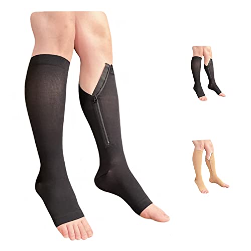 Ziperior Inside Leg Zipper 20-30 mmHg Compression Grade Calf Open Toe Socks (Black, 4X-Large) - Image 1