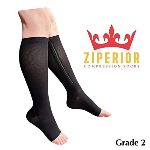 Ziperior Inside Leg Zipper 20-30 mmHg Compression Grade Calf Open Toe Socks (Black, 4X-Large) - Image 2