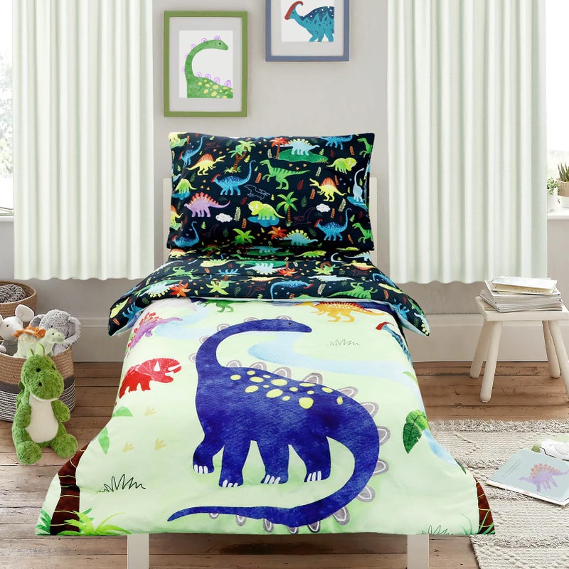DAYEEBALL DAYEEBALL 4 Piece Toddler Bedding Set, Ultra Soft and Breathable Cartoon Dinosaur Toddler Comforter Sets for Boys  - Image 1