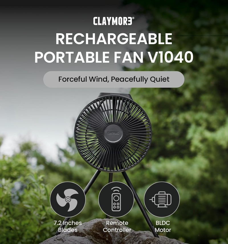 Claymore V1040 Black Rechargeable Portable Fan – 10,400mAh Power Bank Function Remote Control 4-Speed Quiet BLDC Air Circulator USB-C Charging 23 Hrs Runtime for Camping, Indoor, Outdoor - Image 2