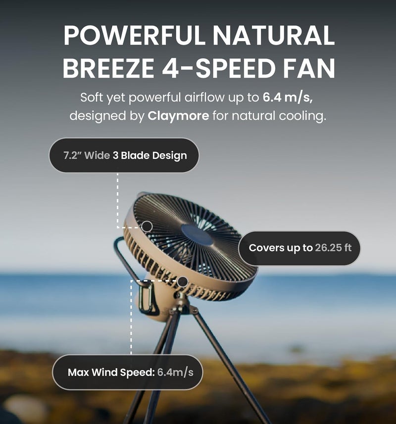 Claymore V1040 Black Rechargeable Portable Fan – 10,400mAh Power Bank Function Remote Control 4-Speed Quiet BLDC Air Circulator USB-C Charging 23 Hrs Runtime for Camping, Indoor, Outdoor - Image 3