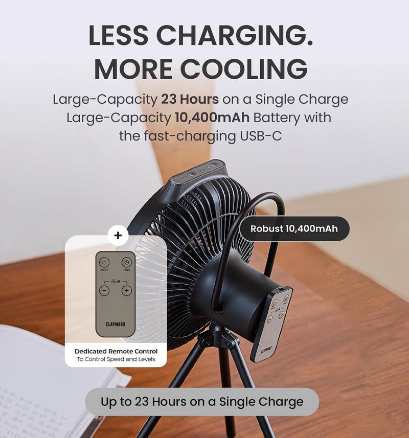 Claymore V1040 Black Rechargeable Portable Fan – 10,400mAh Power Bank Function Remote Control 4-Speed Quiet BLDC Air Circulator USB-C Charging 23 Hrs Runtime for Camping, Indoor, Outdoor - Image 5
