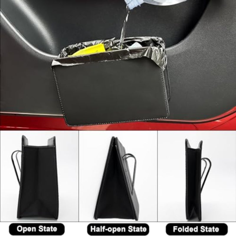 Leather Hanging Car Trash Can, Multifunctional Foldable Storage Bin with Waterproof Design, Durable Hanging Garbage Organizer, Universal Fit for, SUVs and Trucks, Black - Image 3