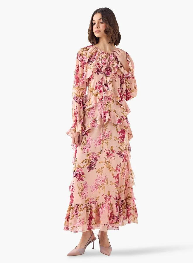 Iconic Floral Print Maxi Dress with Tie-Up Neck and Long Sleeves