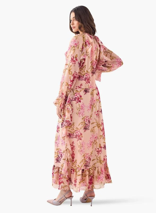 Iconic Iconic Floral Print Maxi Dress with Tie-Up Neck and Long Sleeves