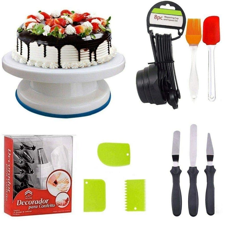 BAKERS 4U 29 Cake making combo turntable 12 pcs Cake Decorating Tips Turntable3 Icing Spatula 3 Icing Smoother 1 Silicone Piping Bag Measuring Spoons Cup Set of 8 Brush Spatula set - Image 1