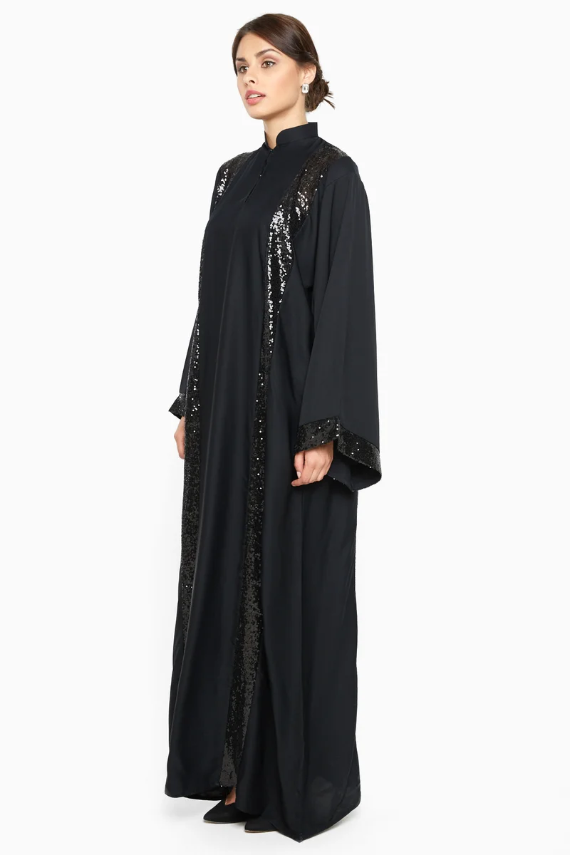 النخبة A gorgeous abaya with shimmering black sequin stripe detailing -AJ557A