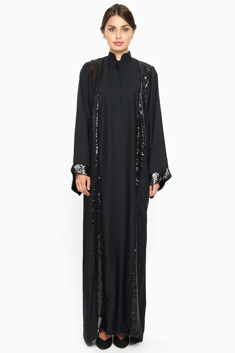 النخبة A gorgeous abaya with shimmering black sequin stripe detailing -AJ557A