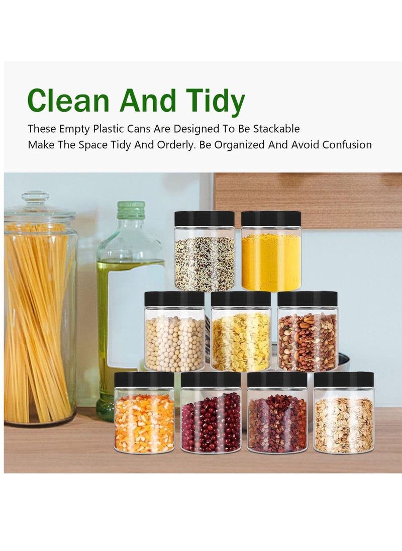 KASTWAVE - 8oz Plastic Jars with Lids 24 Pack Clear Plastic Slime Containers Stackable Round Empty Clear Jars with Black Lids Pen Labels Refillable Slime Jars for Kitchen Storage Spices Dry Food Slime Making - Image 1