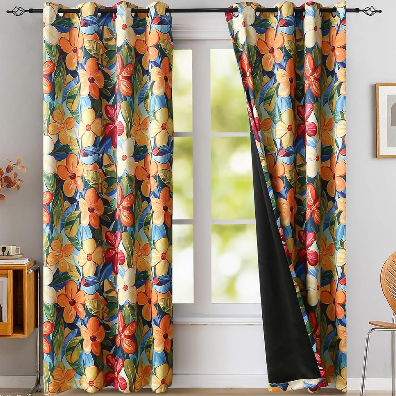BFAM Floral Print 100% Blackout Curtain with Black Linning at Back,Orange Floral Print Curtains for Living Room/Bedroom Thermal Insulated Energey Saving 7 Feet Pack of 1 Curtain - Image 1