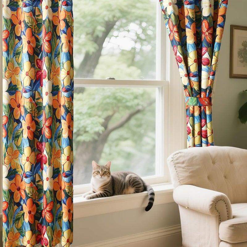 BFAM Floral Print 100% Blackout Curtain with Black Linning at Back,Orange Floral Print Curtains for Living Room/Bedroom Thermal Insulated Energey Saving 7 Feet Pack of 1 Curtain - Image 3