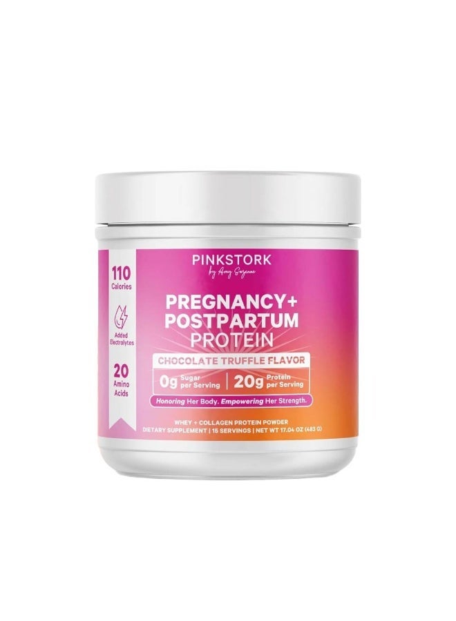 Pink Stork Pregnancy + Postpartum Protein, Chocolate Truffle Flavor, 20 g Protein, 15 Servings, Net Wt 17.04 oz (483g), Dietary Supplement - Image 1