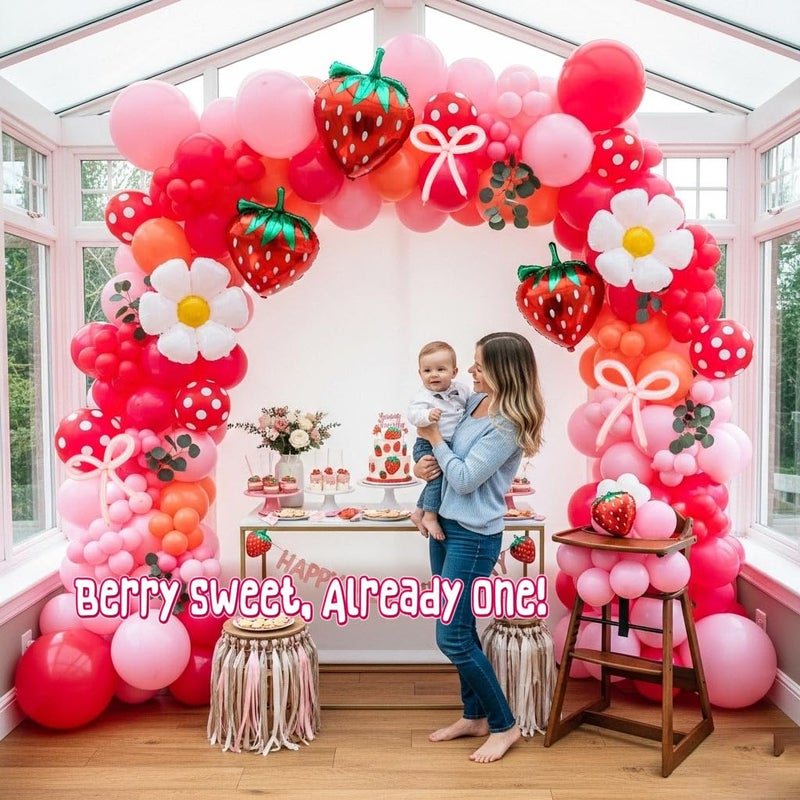 yeewaka Pink red Strawberry balloon garland arch kit 130pcs with Strawberry Daisy mylar balloon DIY bow balloons for girl baby shower berryfirst 1st birthday Two groovy coquette party decorations - Image 2