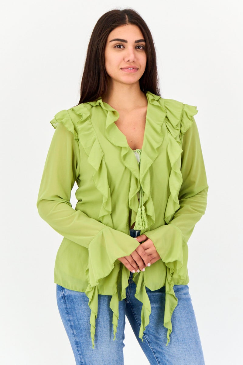Archive Design Studio Women Tie Neck Long Sleeve Ruffled Blouse, Olive - Image 1
