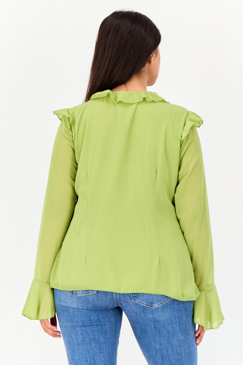 Archive Design Studio Women Tie Neck Long Sleeve Ruffled Blouse, Olive - Image 3