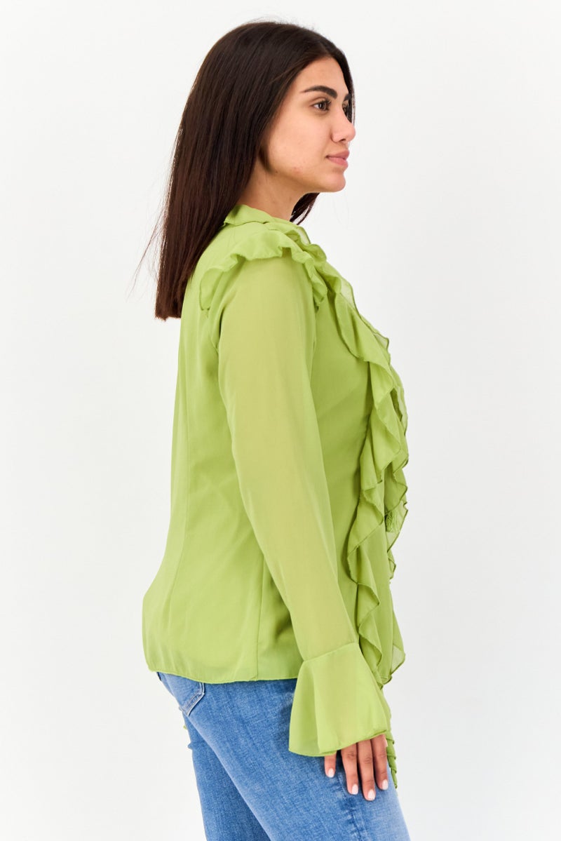 Archive Design Studio Women Tie Neck Long Sleeve Ruffled Blouse, Olive - Image 2