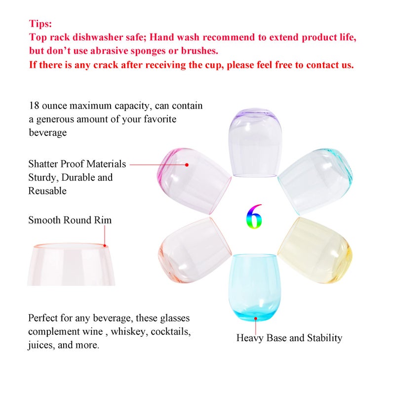 KOXIN-KARLU Classic 18-ounce Acrylic Stemless Wine Glasses, Unbreakable Mixed Drinkware Plastic Tumbler, set of 6 Mutlicolor - Image 3
