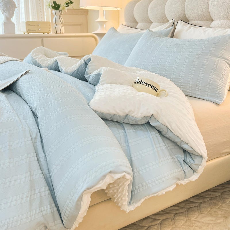 tohrisa Boho Comforter Set Queen Size Striped Pleats Bohemian Seersucker Bedding Set All Season Soft Cozy 3 Pieces Quilt with 2 Pillowcases(90"X90" Light Blue) - Image 1