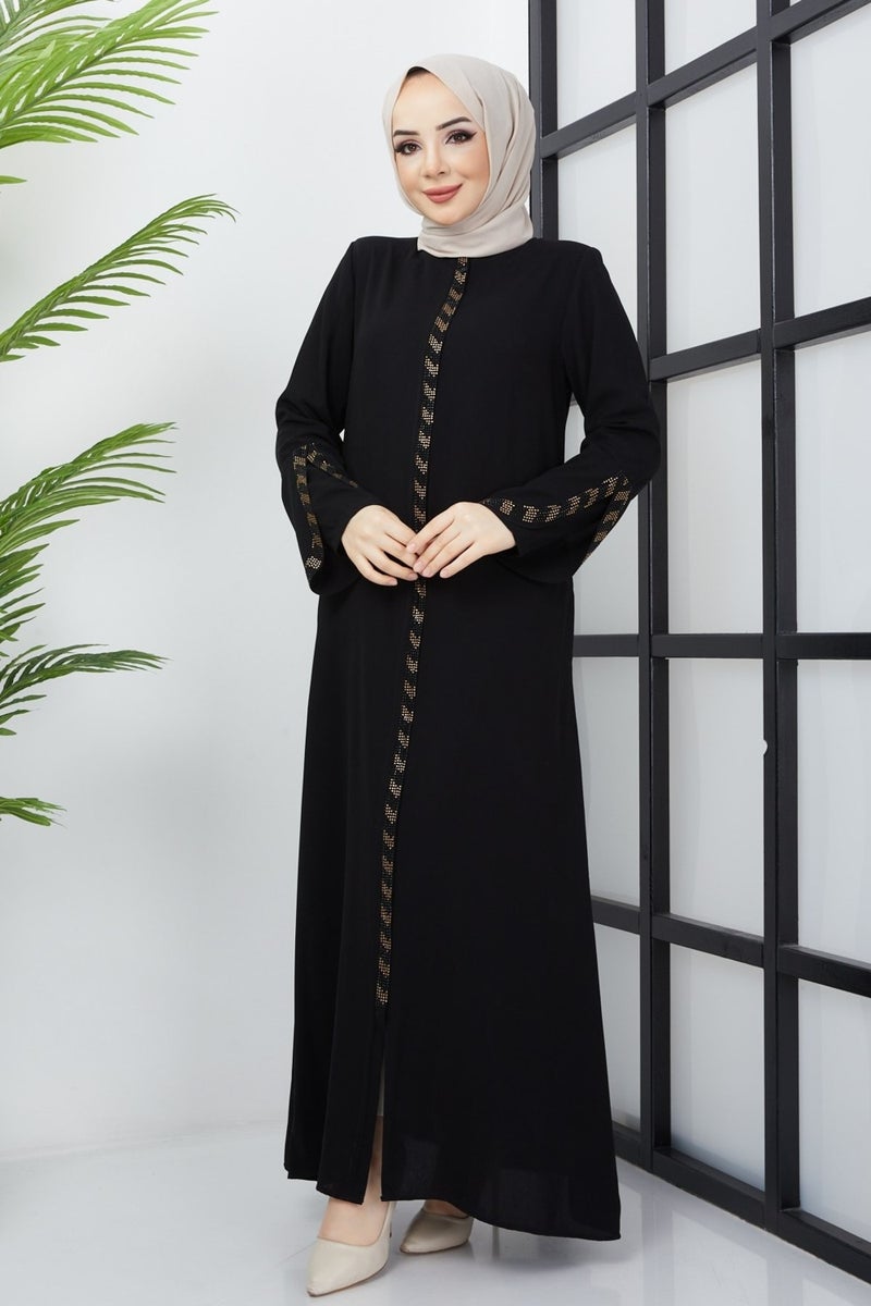 Hafsa Mina Black Abaya with Stone Detail in Large Size  - Image 1