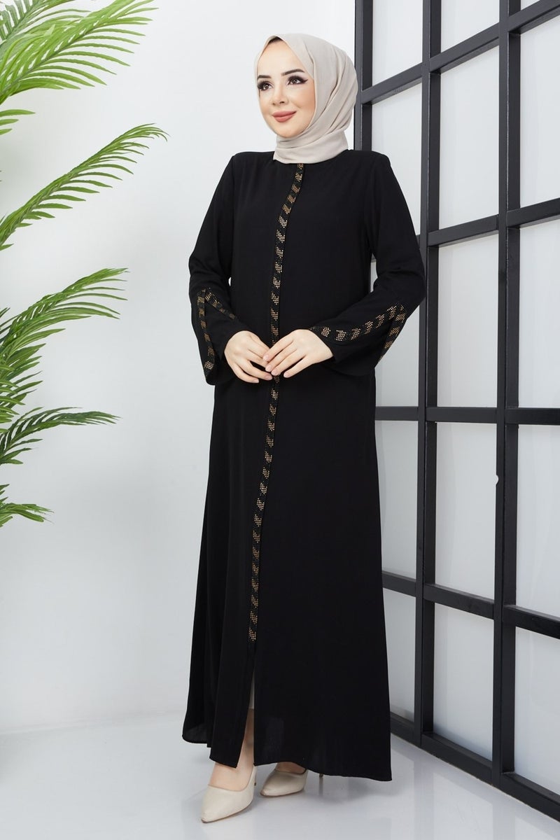 Hafsa Mina Black Abaya with Stone Detail in Large Size  - Image 3