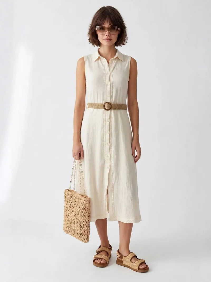 Mixray Dusty White MIXRAY Belted Cotton Midi Shirt Dress for Women | Best Price UAE